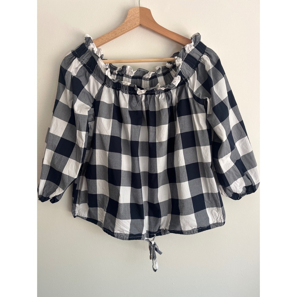 Tommy Hilfilger Gingham Off The Shoulder‎ Ruffle Blouse Size Large Black White